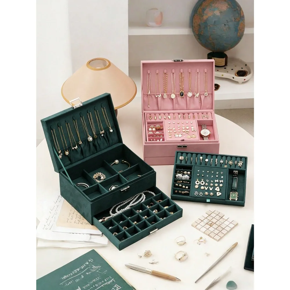 

New Luxury Jewelry Storage Box, Elegant Dark Green Color, High-End Delicate Design For Necklaces, Earrings, Bracelets, Large Cap