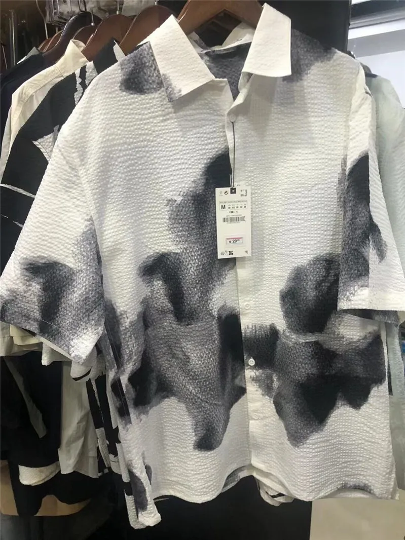 

New Casual Men's Bubble Shirt Short Sleeve Printed Dyeing Loose Fit Polyester Fiber Breathable Summer Fashion Youth Popular