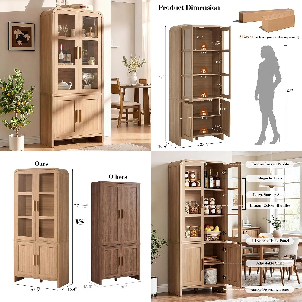 

31.5 Kitchen Storage Cabinet with 3 Drawers,Freestanding Accent Cabinet with Arched Design amp Wood Handles,Modern Credenza for