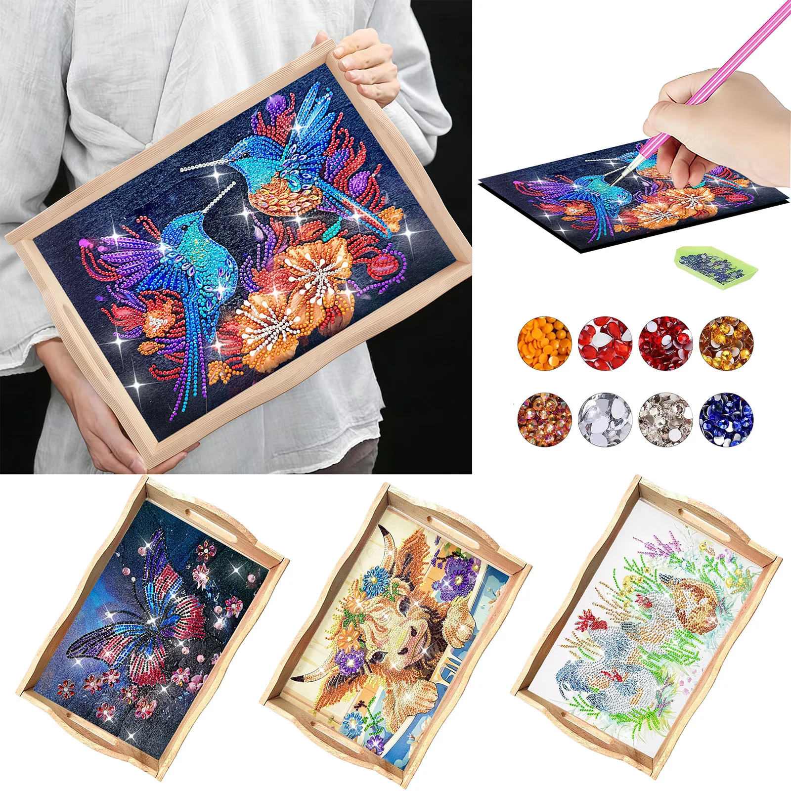 

1 набор алмазной живописи «сделай сам», деревянный поднос ручной работы с тематикой животных, подходит для домашнего хранения в кофейной гостиной.