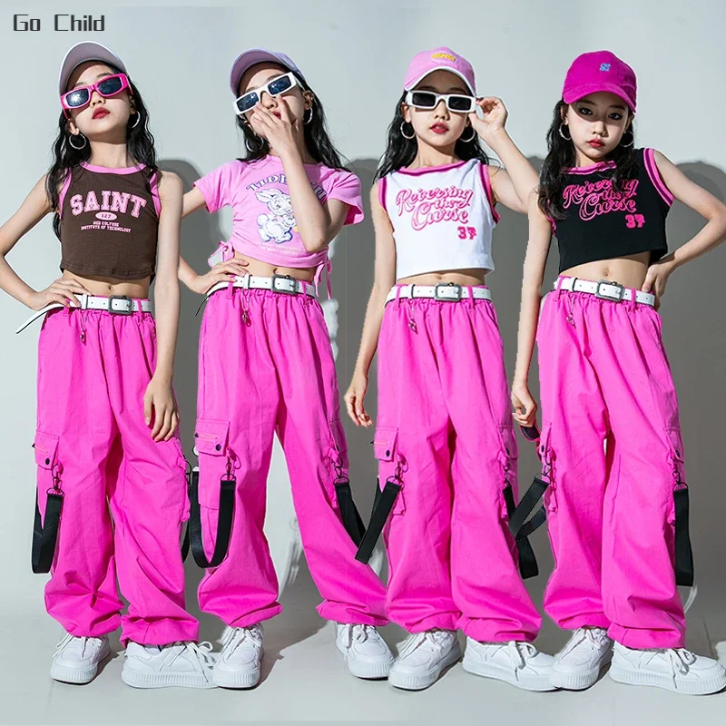 Girls Sweet Crop Tank Top Hip Hop Cargo Pants Clothes Set Kids T-shirt Street Dance Joggers Child Streetwear Teen Lovely Costume