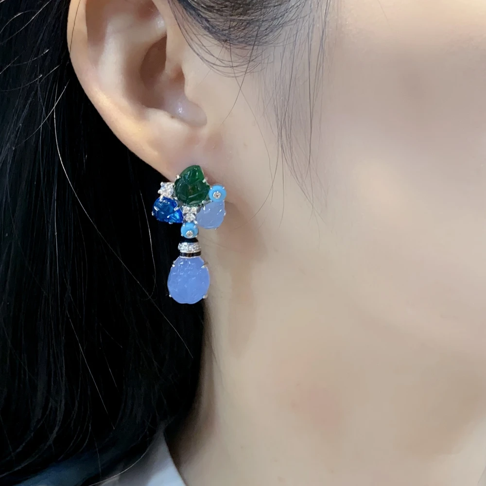 ต่างหูห่วงแบบกอดหูทรงใบไม้ผลไม้ประดับพลอยสังเคราะห์สีม่วงฟ้าเขียวอ่อน รุ่น KQDANCE ทำจากเงินแท้ 925 เครื่องประดับหรูหรา