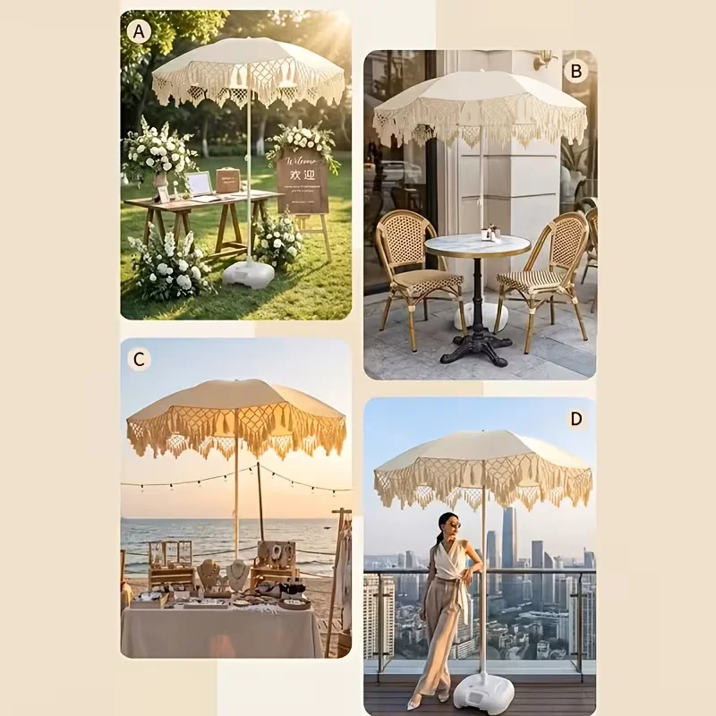 Bohemian Style White Outdoor Patio Umbrella – Swivel & Height Adjustable, Triangle Tassel Design, Suitable for Beach, Courtyard