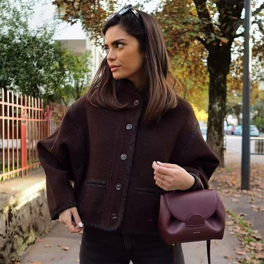 

Taop&Za Autumn new women's fashionable and casual versatile round neck long sleeved single breasted brushed short jacket
