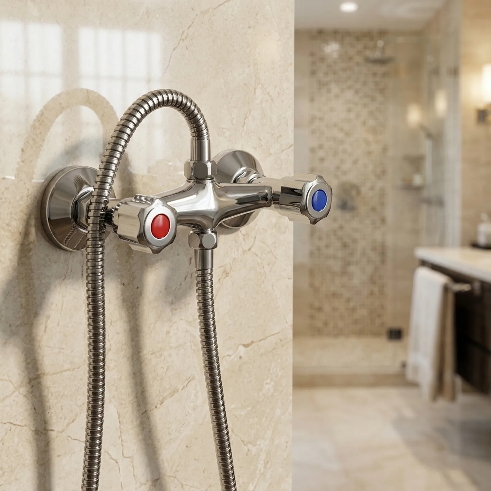 Brass Valve Twin Outlet Chrome Shower Mixer for taps Bar for durable Copper Construction Safe and Stable Performance Easy