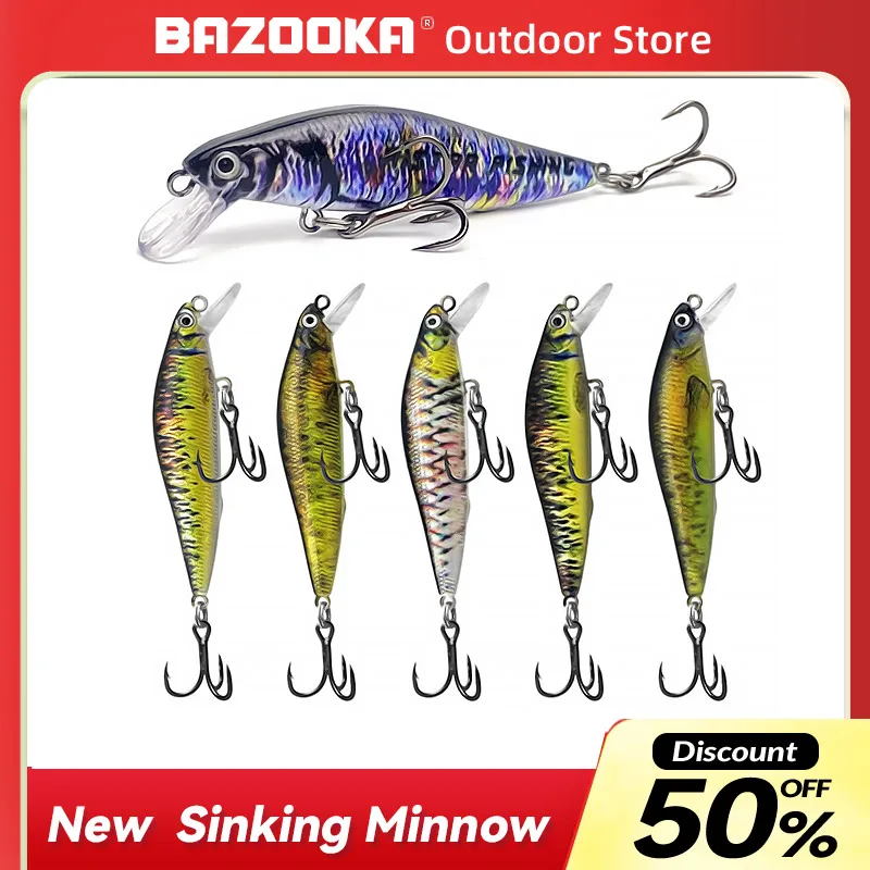 

Bazooka-Far Throw Sinking Minnow Treblehook Fishing Lure, Flatfish Wobblers, Camping Bass, Pike Shore, Winter Bait Accessories