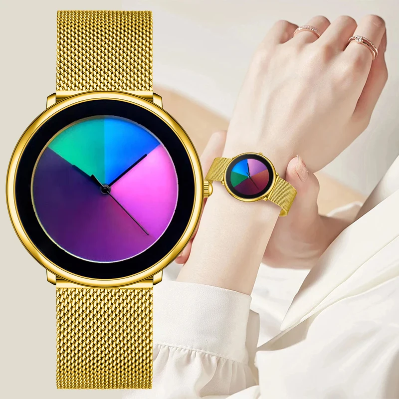 LIGE 2026 Watches For Woman Changing Color Dial Striped Woman Watch Ultra-Thin Mesh Belt Waterproof Quartz Women's Wristwatch