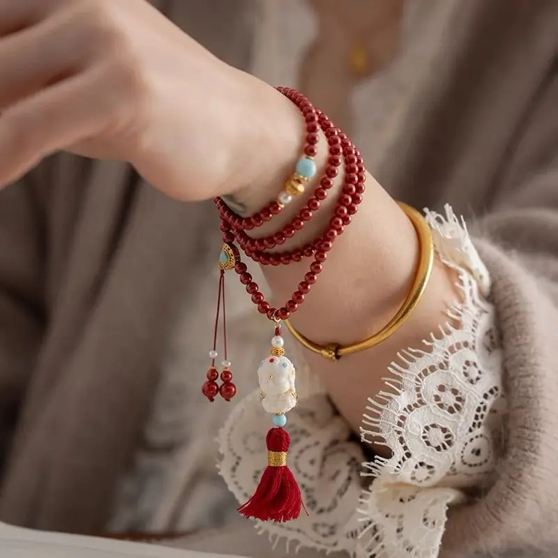 

Оригинальный женский штабелируемый браслет из киновари премиум-класса, бусины Тары, подарок на год зодиака для подруги, изысканные модные счастливые украшения