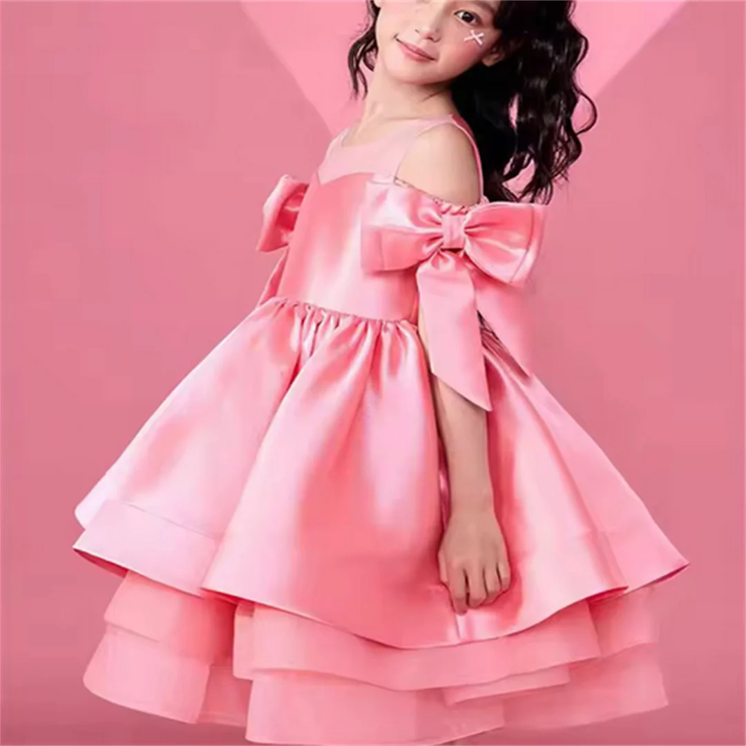 Customized 2025 Pink Flower Girl Dress For Wedding Satin Cute Bow Puffy Elegant Kids Birthday First Communion Ball Gown