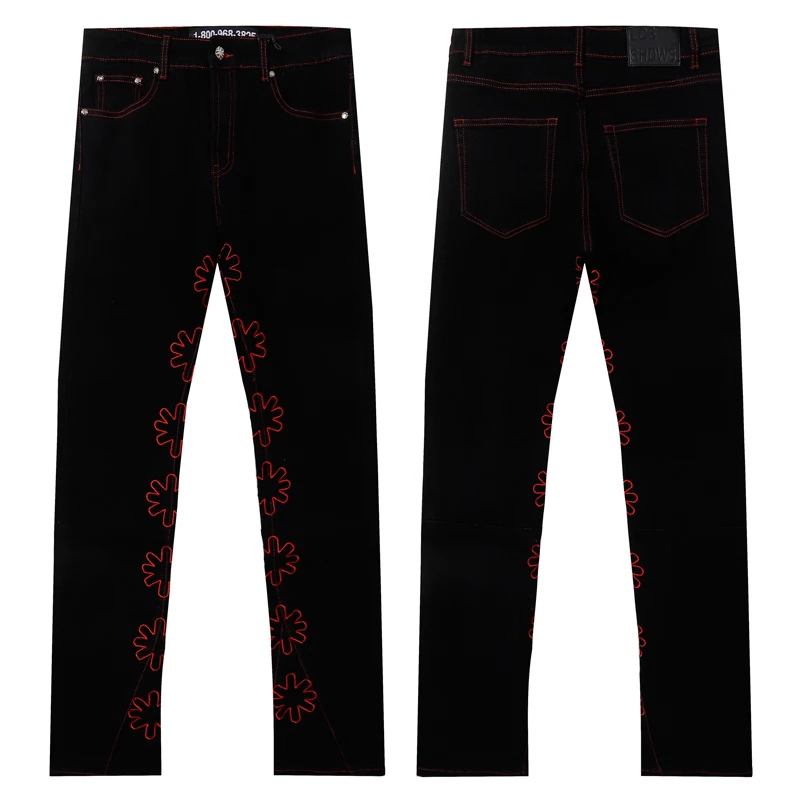 

American Fashion Brand LOST Jeans Red Embroidered Flower Logo Long Pants Hip Hop Men Women Streetwear Denim Trousers