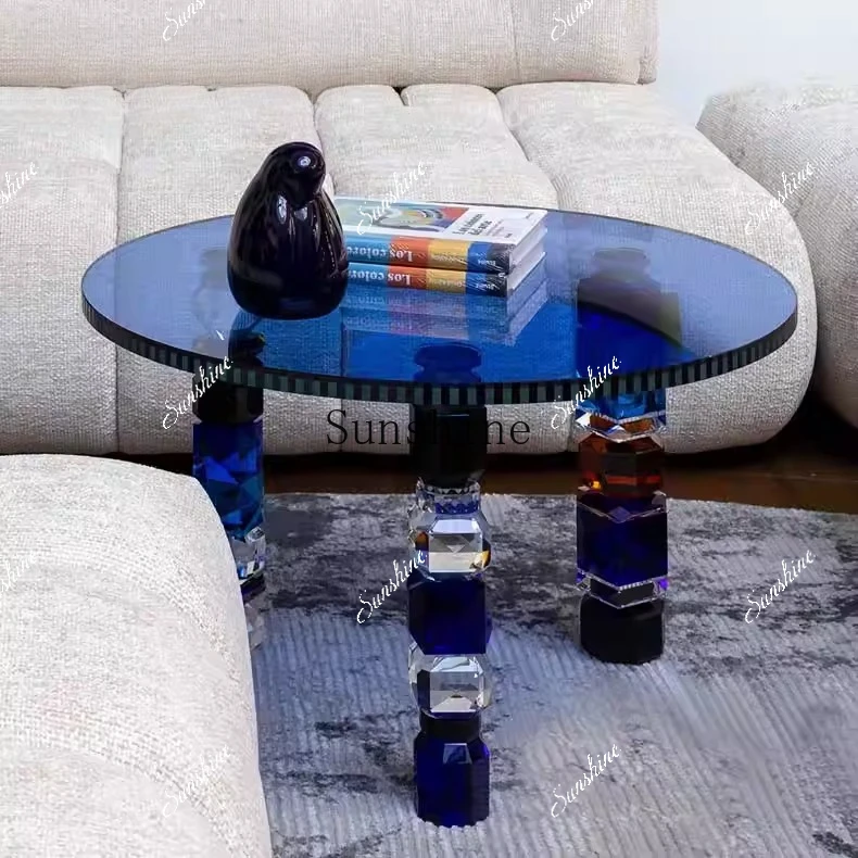 

Italian light luxury round tempered glass coffee table combination colored crystal edge table FT