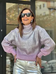 Maglione lavorato a maglia sfumato in metallo scintillante per le donne Pullover a maniche lunghe con collo alto alla moda elegante Streetwear caldo femminile