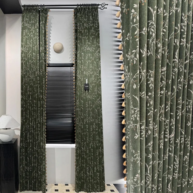 Medieval Dark Green Embroidery Chenille Curtains for Living Room Bedroom French Window Balcony Customized Finished Products
