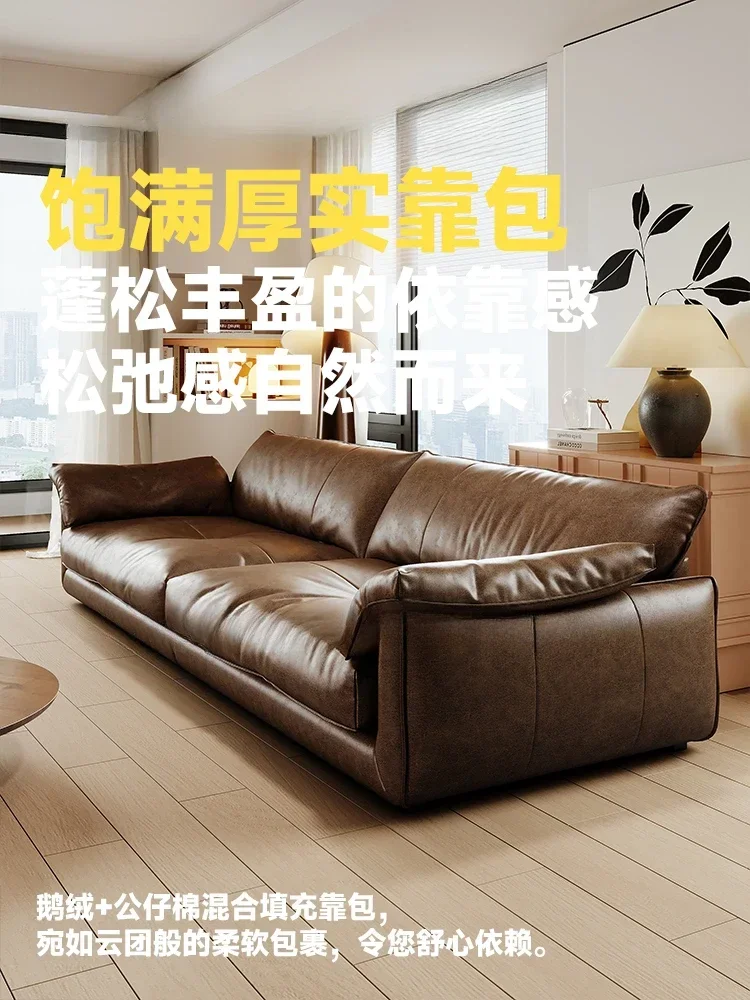 Oil wax leather sofa, living room small apartment first layer cowhide, retro style short feet straight row leather art