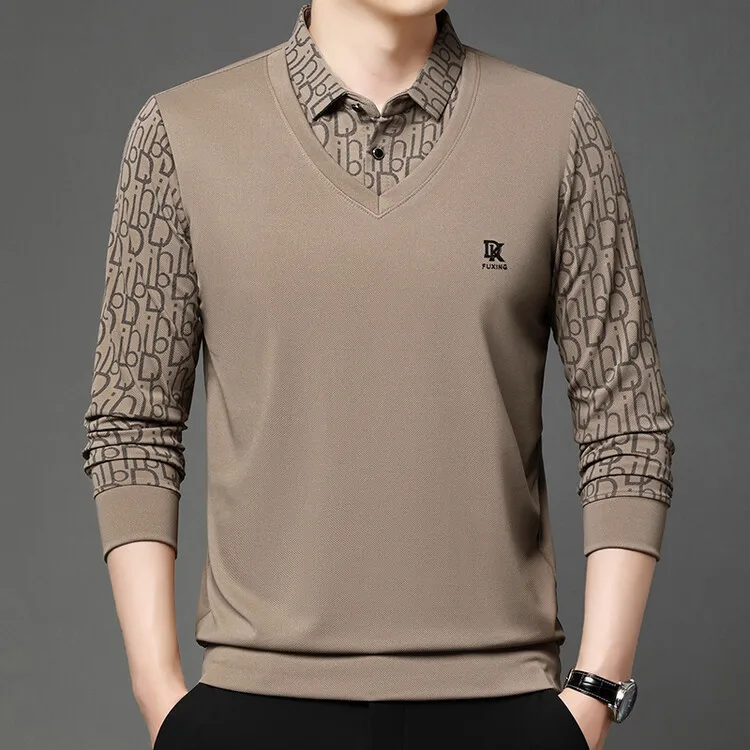 

New Season Long Sleeve Men's Shirt Dad Style Turn-down Collar Base Layer Striped Business Thin Polyester Fiber