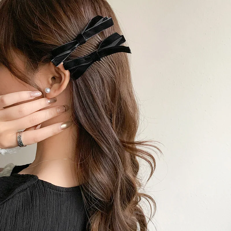 2PC Korean Style Velvet Bow Hairpin Set Solid Color Simple Hairgrip for Girls & Women Vintage Hair Clips Accessory