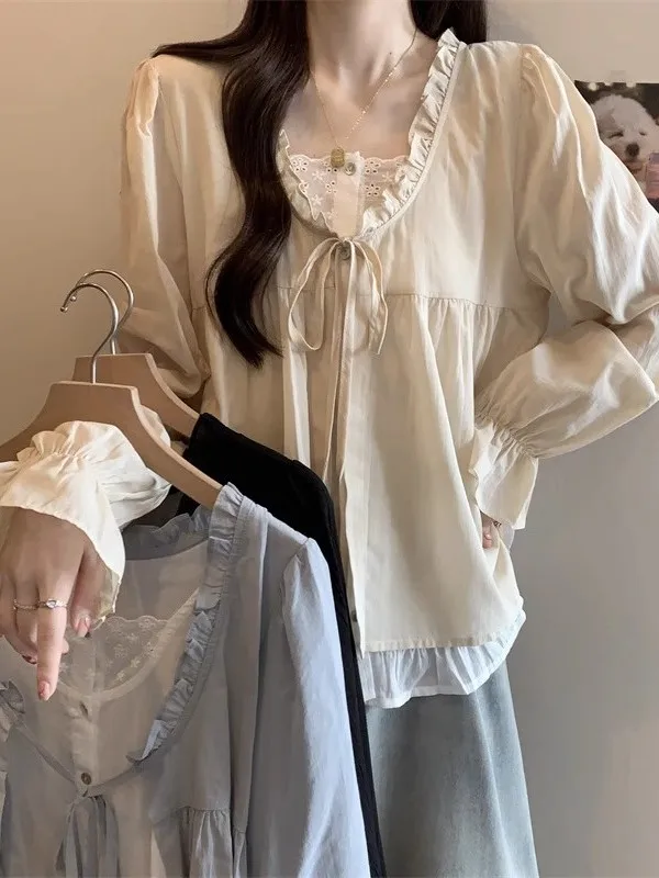 

plus Size Casual Long Sleeve Shirt Women Spring Autumn Loose Slimming Top V-Neck Drawstring Regular Thickness Chinese Made