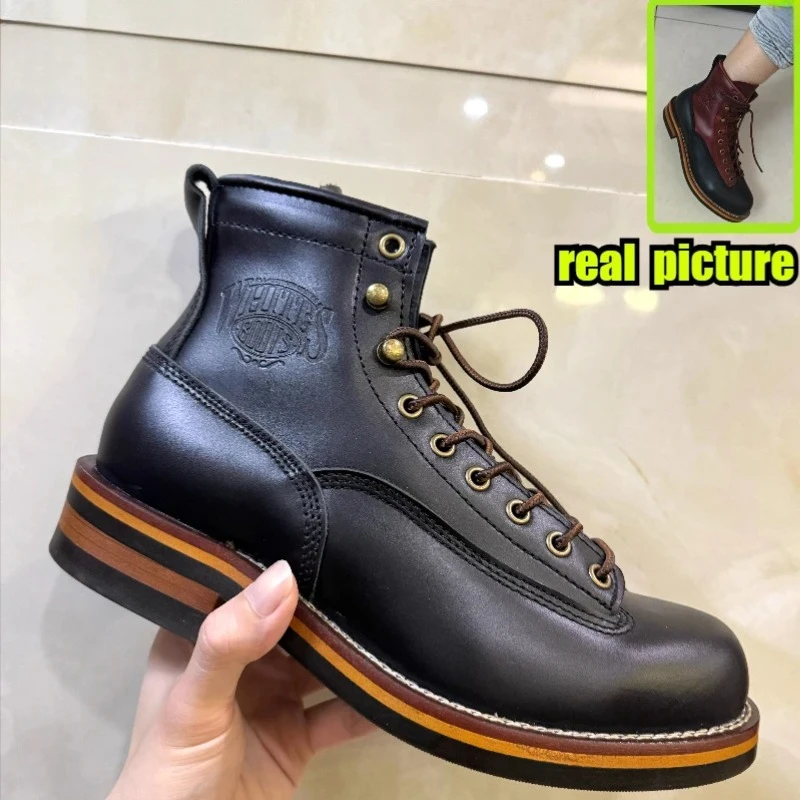 Botas de Trekking Masculinas Vintage, Botas de Motocicleta Casuais, Botas de Cano Curto em Couro de Vaca, Botas para Moto