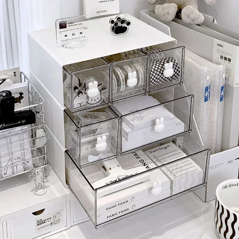 

Rabbit Handle Combination Drawer Box Stationery Organizer Desktop Student Multi-Compartment Drawer Pencil Cabinet