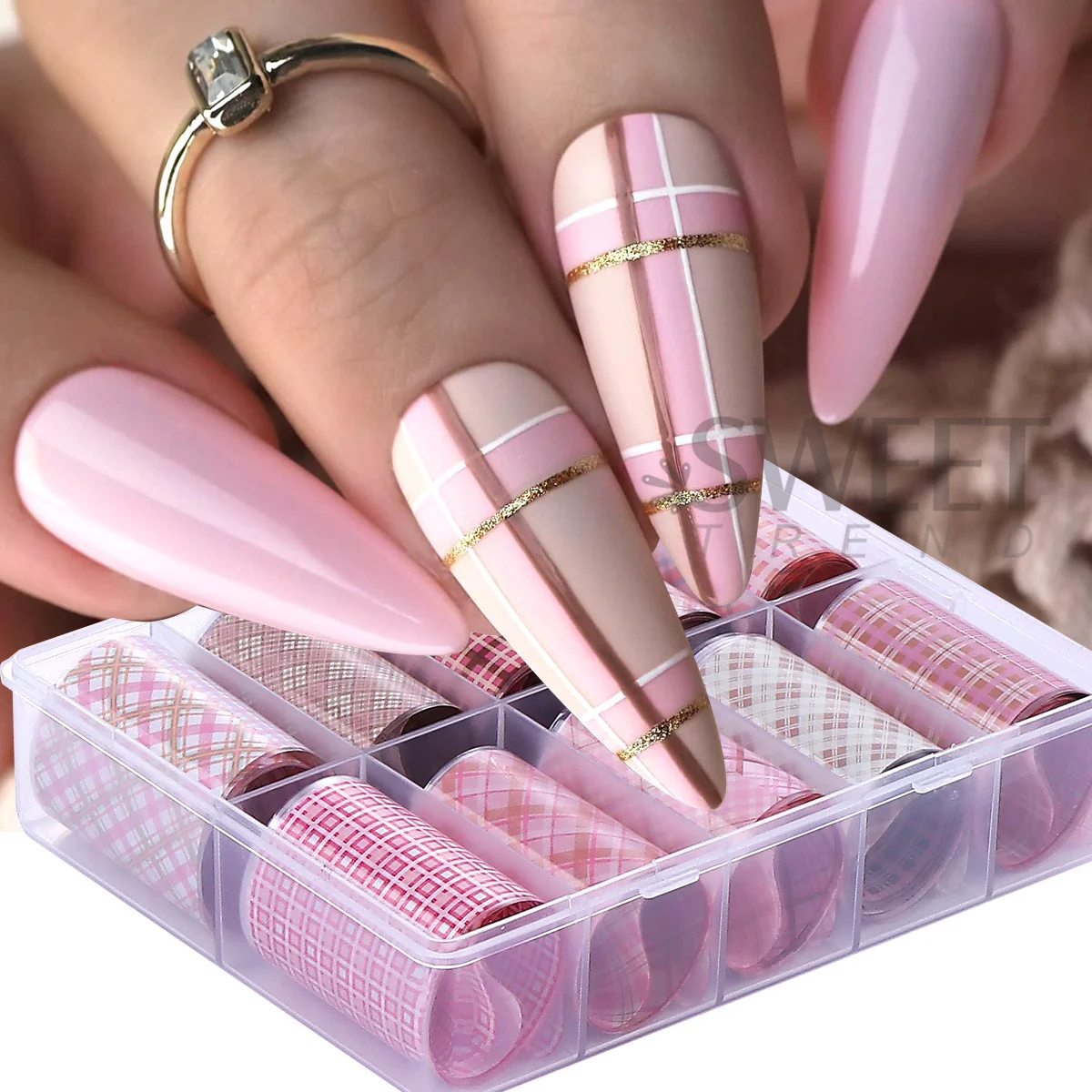 10롤/박스 핑크 체크무늬 디자인 네일 트랜스퍼 포일 - Nail Art Valentines Day 리뷰 및 가격