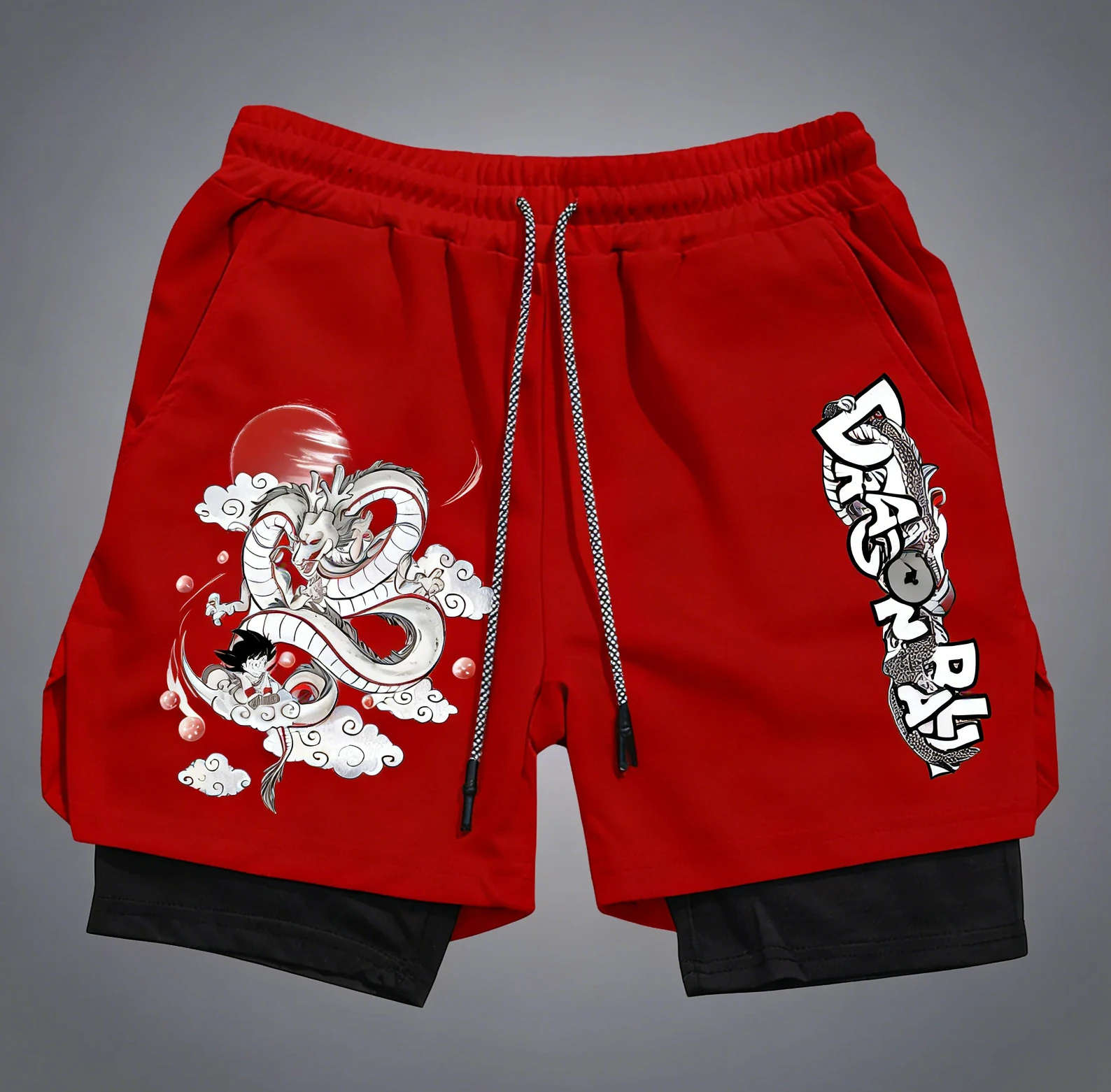 Bandai Dragon Ball Goku Pantalones cortos estampados de doble capa, pantalones cortos deportivos sueltos de verano para hombres y mujeres que absorben el sudor y transpirables