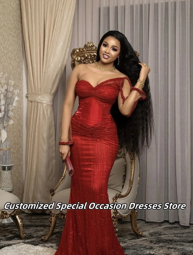 Wijnrood Sheer Mouwen Avondjurken Voor Vrouwen Lange Zeemeermin Diner Prom Jassen Bruiloft Jurk Vestido De Festa Aangepaste