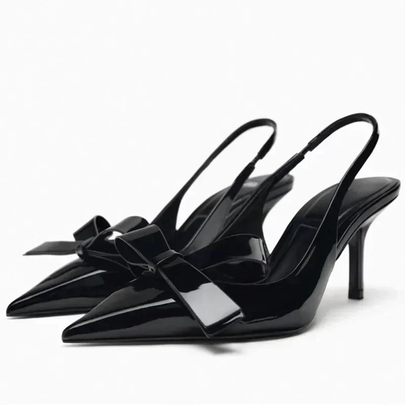 

Luxury Patent Leather High Heels for Ladies Bowknot Decoration Pointed Toe Women Pumps Elegant Banquet Designer Slingback Sandal