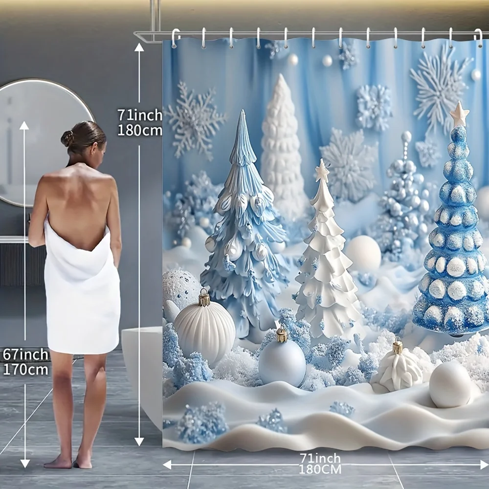 4PCS Christmas Tree Shower Set,Printed Curtain,Non-Slip Mat,Toilet Lid Cover, Bath Rug, 12 Plastic Hooks, Holiday Bathroom Decor
