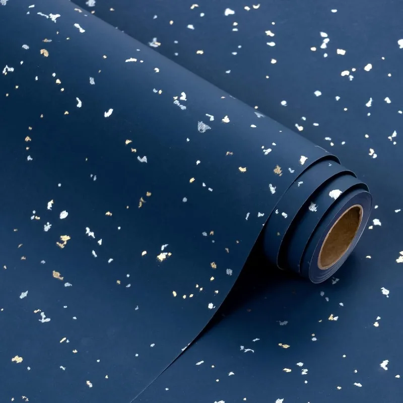 Navy Blue Gift Wrapping Paper Roll Mini Size 16.93x118.11 Inch Gold Foil Design Smooth Touch Tear Resistant Luxury Wrapping Pape