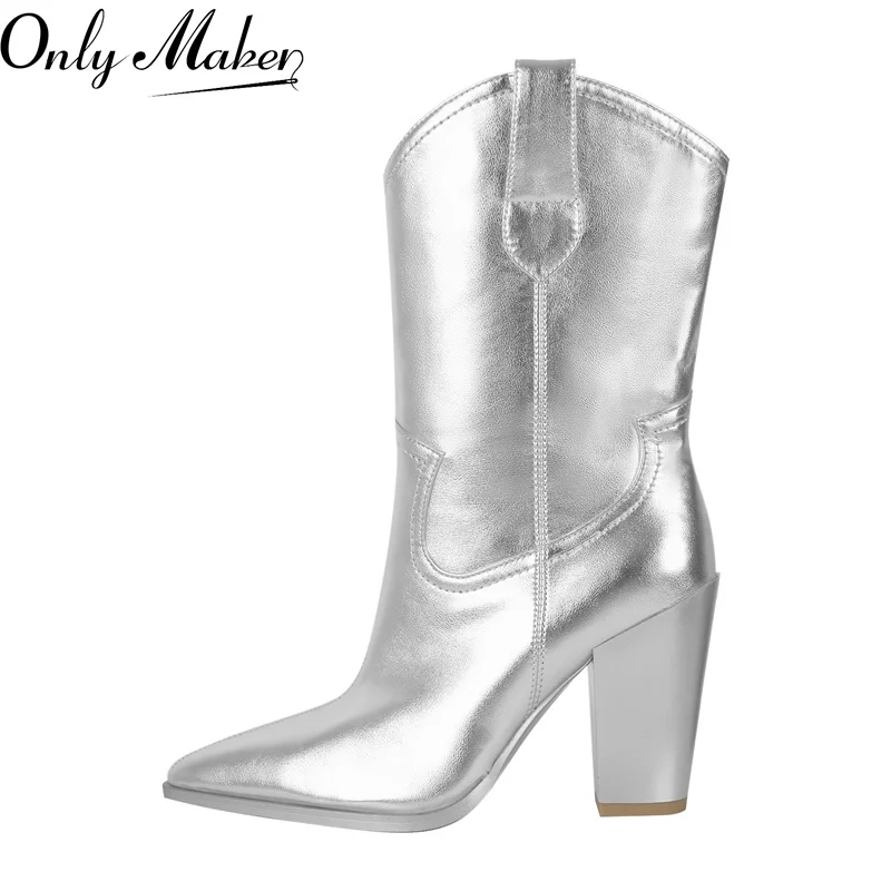 Onlymaker Women Pointed Toe Metallic Mid-Calf Chunky Heel  Sliver Western Boots Thick Heels Big Size Cowgirl  Boots