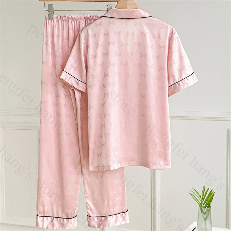 Ice Silk Pajamas Women\'s Short Sleeve Long Pants Bow Jacquard Homewear Set Lady Satin Pijamas De Mujer Sexy Sleepwear Nightwear