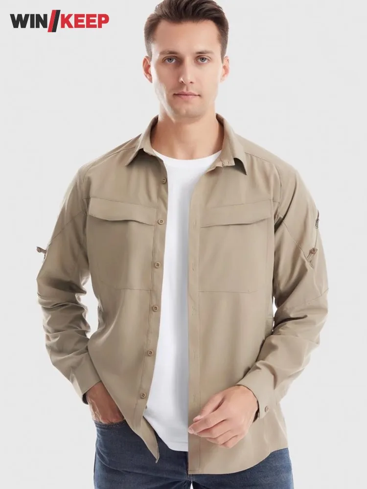 

Summer Outdoor Men Light Weight Breathable Quick Dry Hiking Shirt Single Breasted Long Sleeve Camping Tops Outdoor Sport Shirts