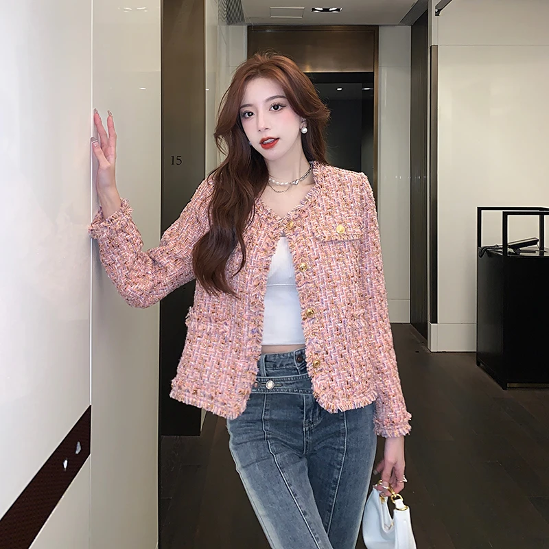 

New Autumn Winter Vintage Pink Tweed Weave Jacket Coat Women Small Fragrance Korean Tassel Woollen Coats Elegant Outerwear