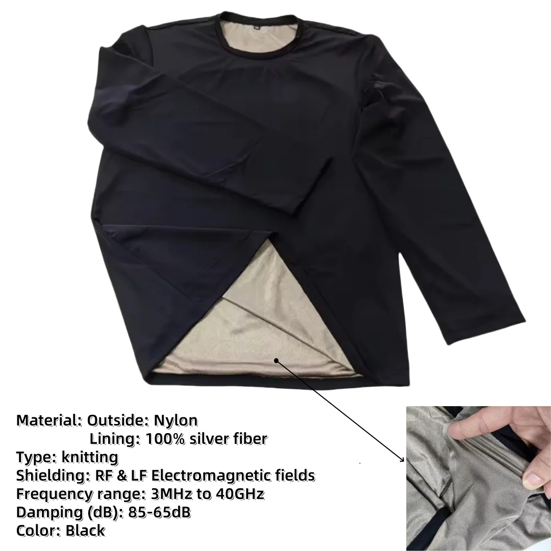 

Silver Fiber Lining Longjohns Antibacterial Faraday Fabric EMF/EMI/RF Blocking Anti-Radiation Pajamas with Long Sleeves Black