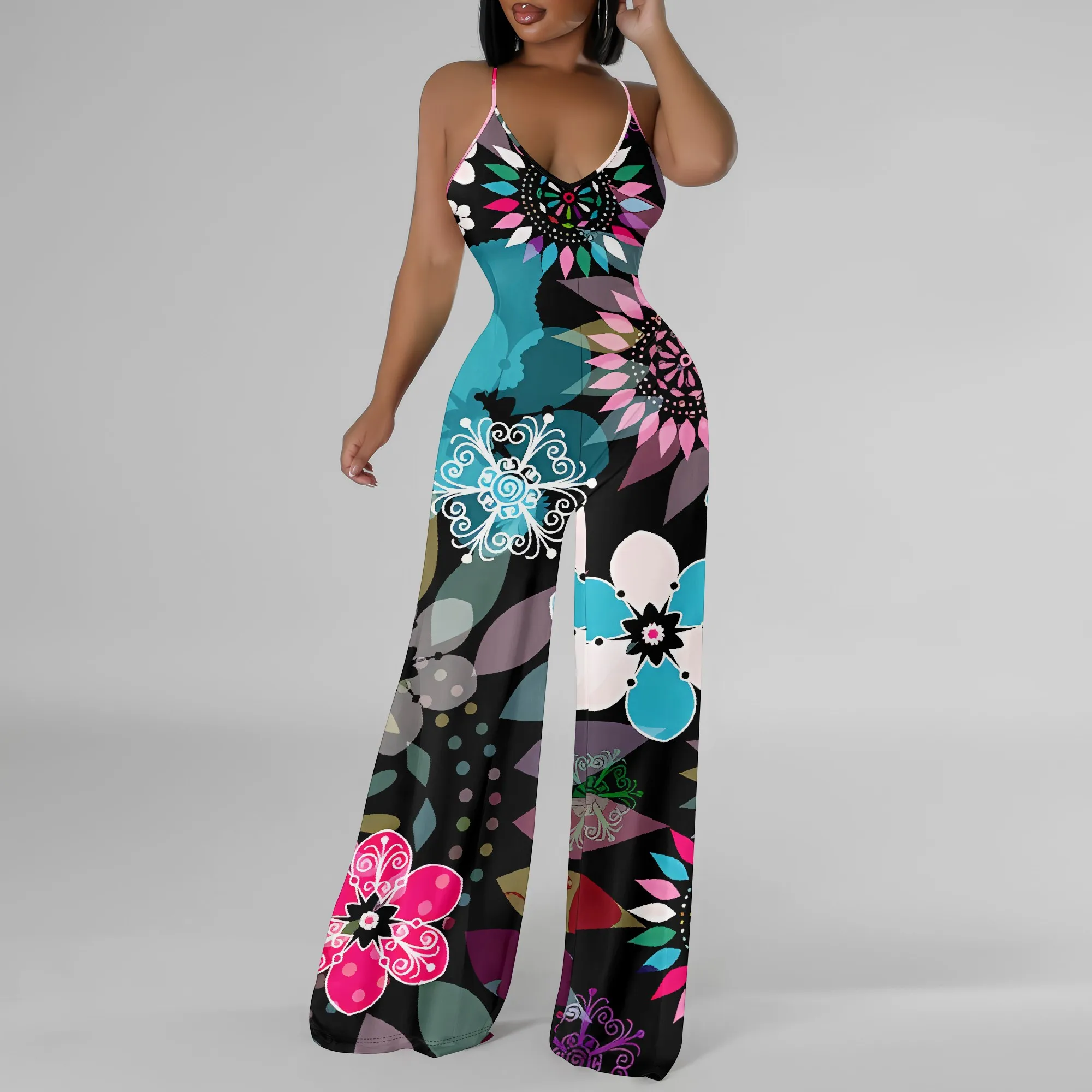 

Boho Floral Print Wide-Leg Jumpsuit for Women Sleeveless Spaghetti Strap Summer Casual Playsuit