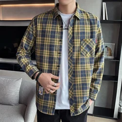 Men's Long Sleeved Checkered Shirt, Korean Slim Fit Jacket, Casual Student Trend Shirt, Lining