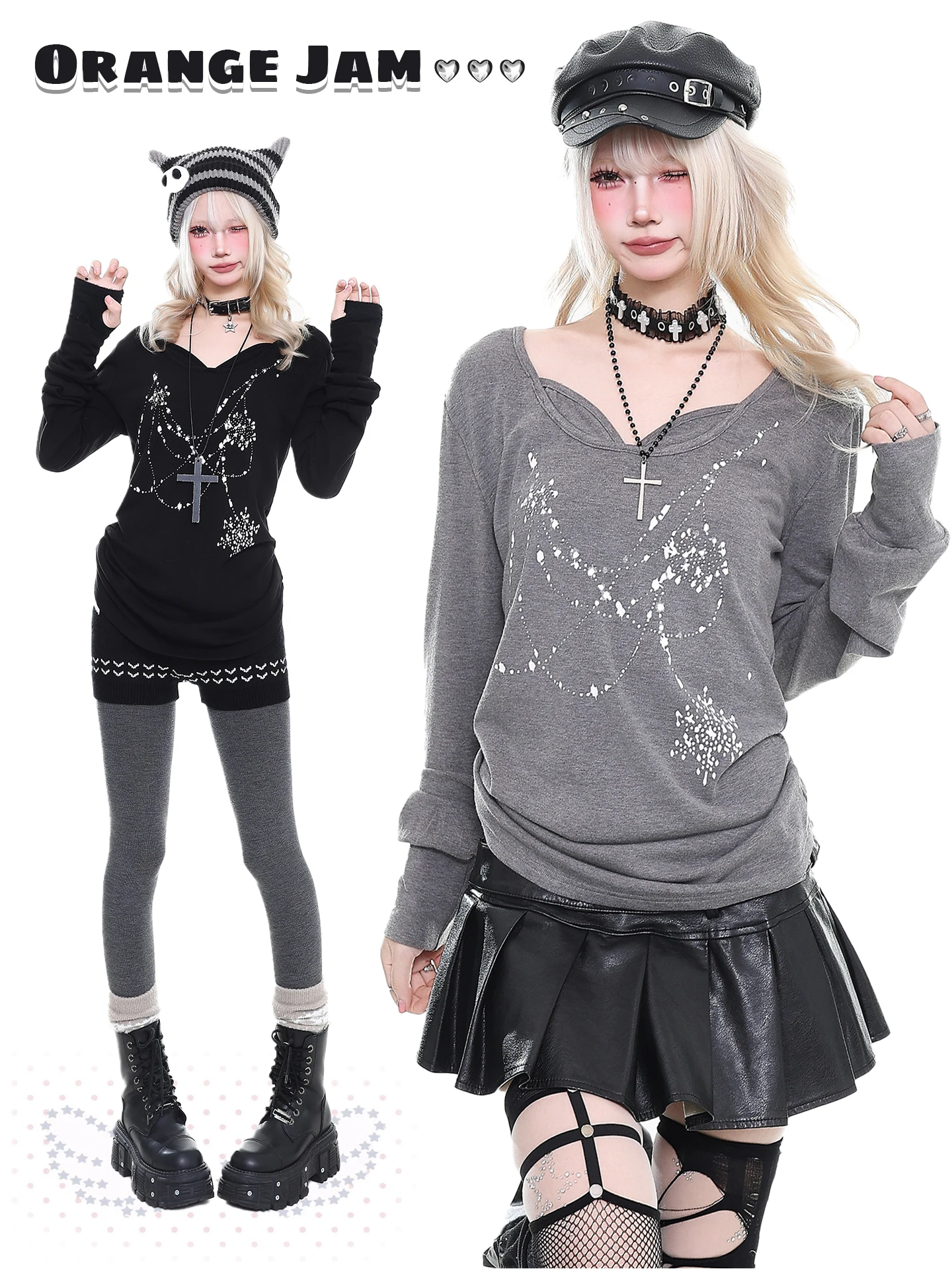 

Gothic Sle Long Sve V-Ne Loose T-irt Women's Spring New Slimming Orange Marmalade YO Trendy Girl Top Streetwear