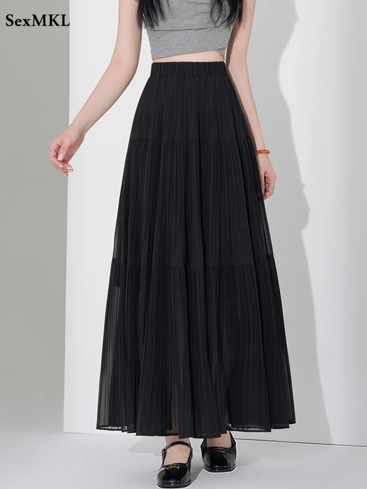 Summer Black Long Skirts Women Vintage High Waist Korean Fashion Y2k Clothes Harajuku White Purples A Line Casual Pleated Skirt