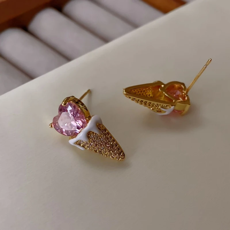 Creative fun pink love cone ice cream earrings sweet cute delicate ear accessory for women
