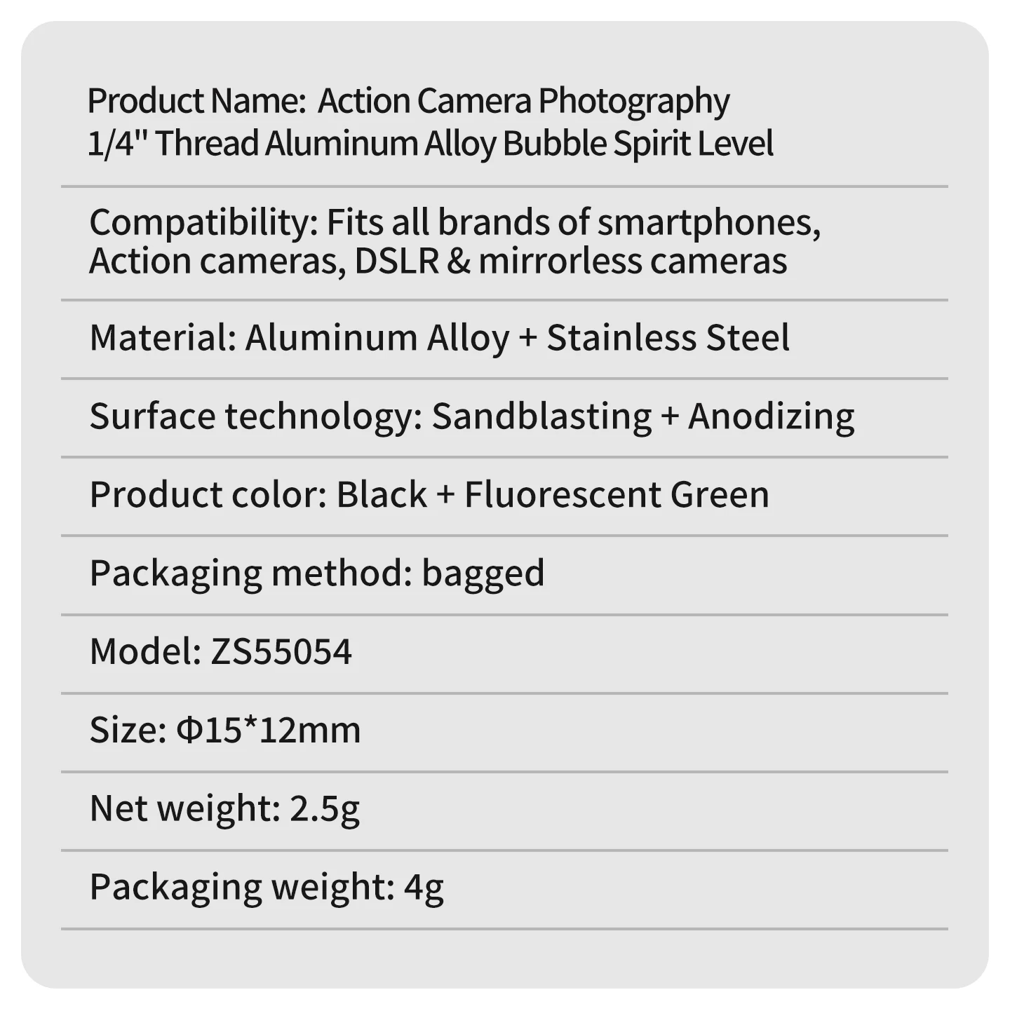 Bgning Wasserwaage mit 1/4-Zoll-Schraube aus Aluminiumlegierung, hochpräzise, für Sony, Canon, Panasonic DSLR-Kamera, Kamerakäfig, Stativ, Gimbal, Telefonclip – Detail 14