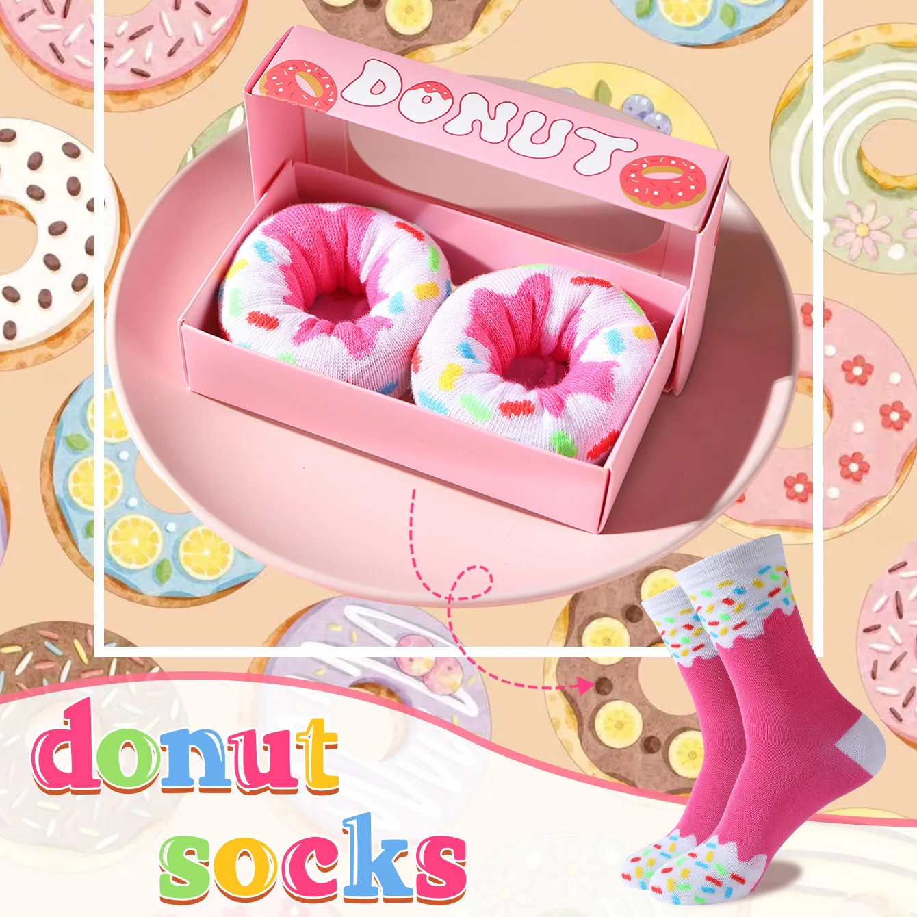 1 pair of unisex mid-calf socks in a novel and fun pink donut gift box, creative socks with a fashionable and trendy style, comfortable and breathable, suitable for parties, casual wear, Valentine's Day, Halloween, birthdays, Christmas, New Year, Thanksgiving, autumn and winter, all-season styles, creative gift box