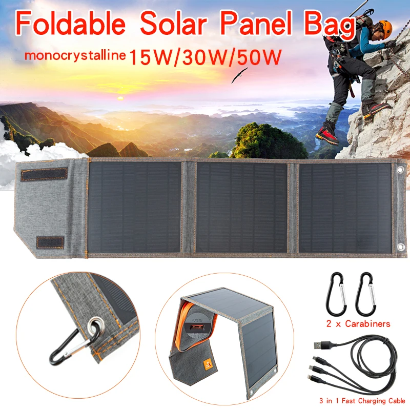 Solar Panel Folding Bag USB Output 15W 50W5V Solar Battery Charger Waterproof Smart Phone Watch Power Bank for Traveling Hiking