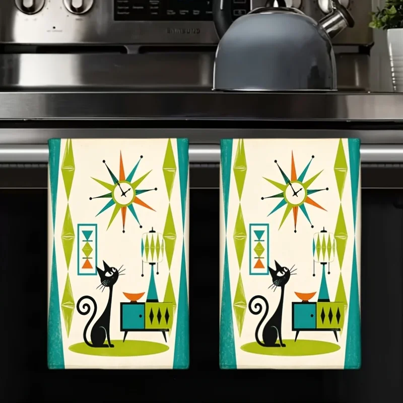 Cleaning Cloth 2PCS kitchen towel 2-piece set Four Seasons kitchen cloth, retro cat home decoration towel set
