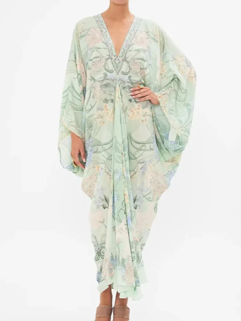 

Women 100% Silk Robe Batwing Sleeve Flower Printed V-Neck Elegant Summer 2024 Maxi Dress