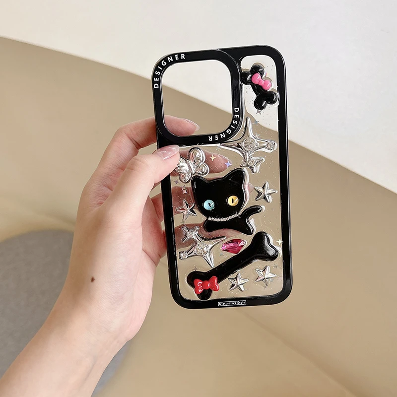 Cute 3D Glitter Diamonds Cat Bones Stars Butterfly Phone Case For iPhone 15 14 13 12 11 Pro Max Plus Clear Epoxy Back Cover Girl