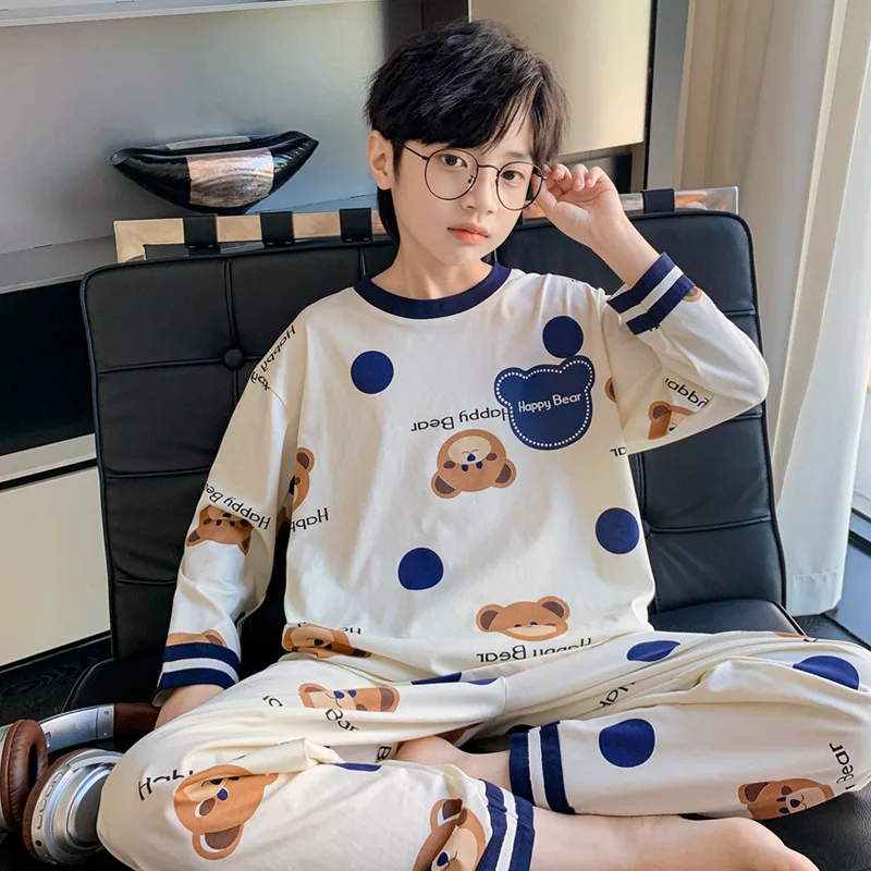 

Adorable Bear Pajamas Set Boys Round Neck Pullover Sleepwear 100% Cotton Lightweight Breathable Loungewear Long-Sleeved Homewear