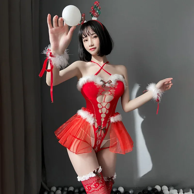 女性のためのクリスマスセット,コスプレ衣装,セクシーなロールプレイユニフォーム,エロティックなネットボディスーツ,赤いランジェリー,女性のドレス,赤
