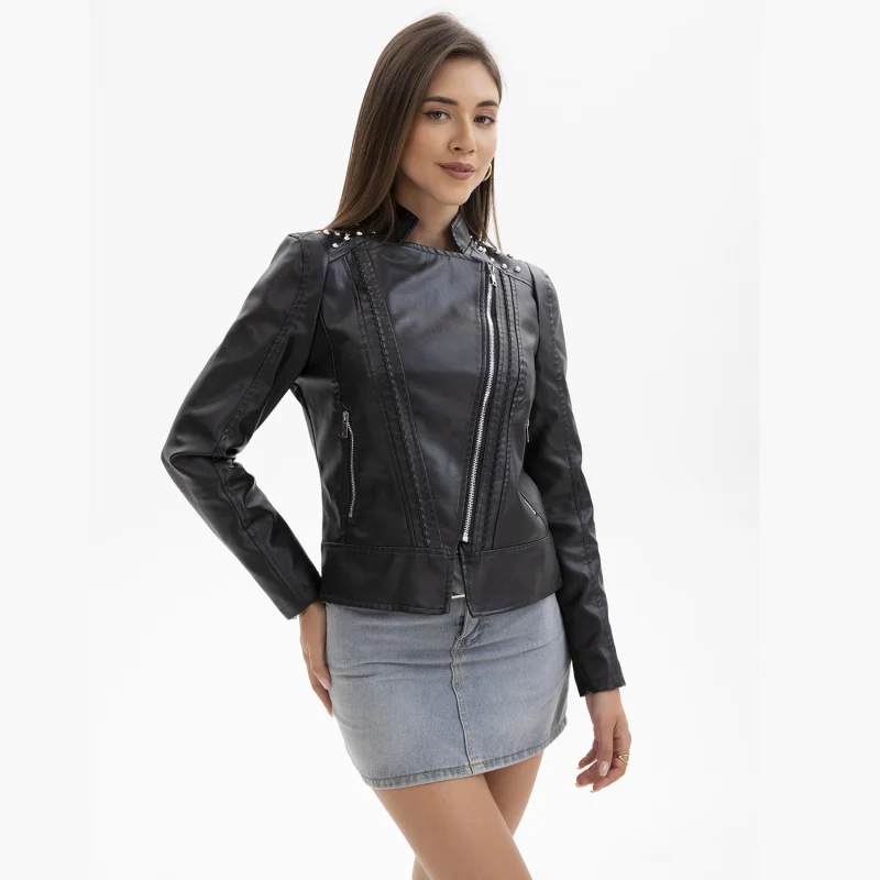 European Size Women's Beaded Leather Jacket Long Sleeve Fashionable Jacket with Turn-down Collar Motorcycle Jacket Thin Spring a