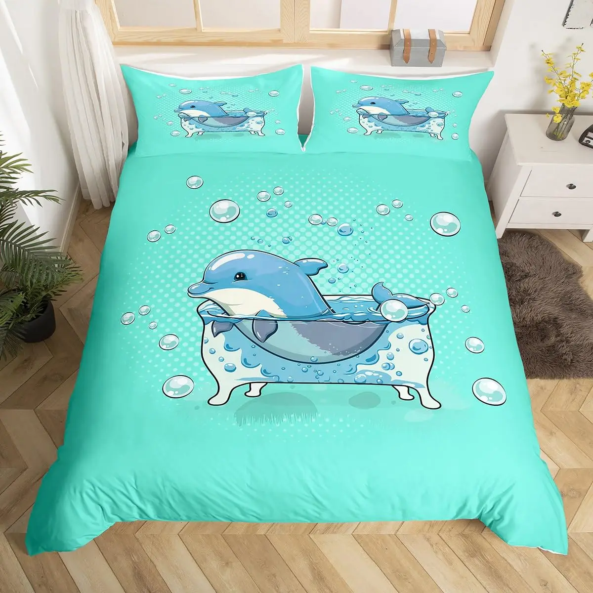 Kawaii Cat Bedding Set Kid Kitten Duvet Cover Cartoon Pet Animal Polyester Comforter Cover Green Quilt Cover with Zipper Closure