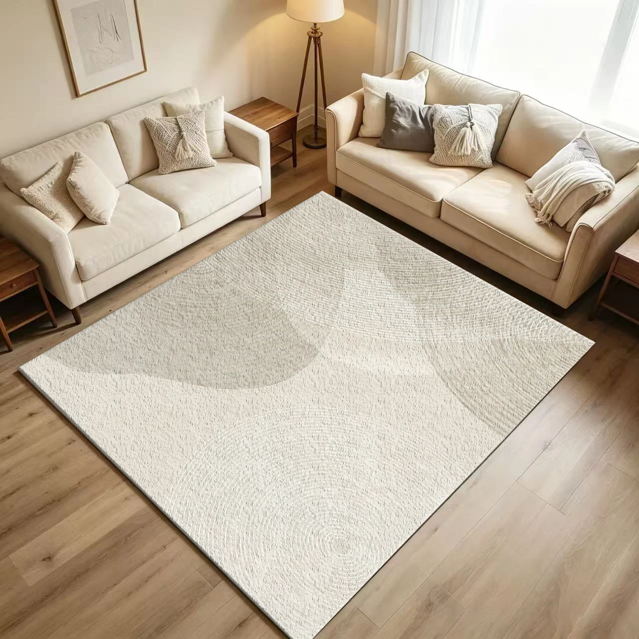 Cream Beige Soft Concentric Circle Abstract Carpet Flooring Minimalist Neutral Large Area Rug for Bedroom Apartment